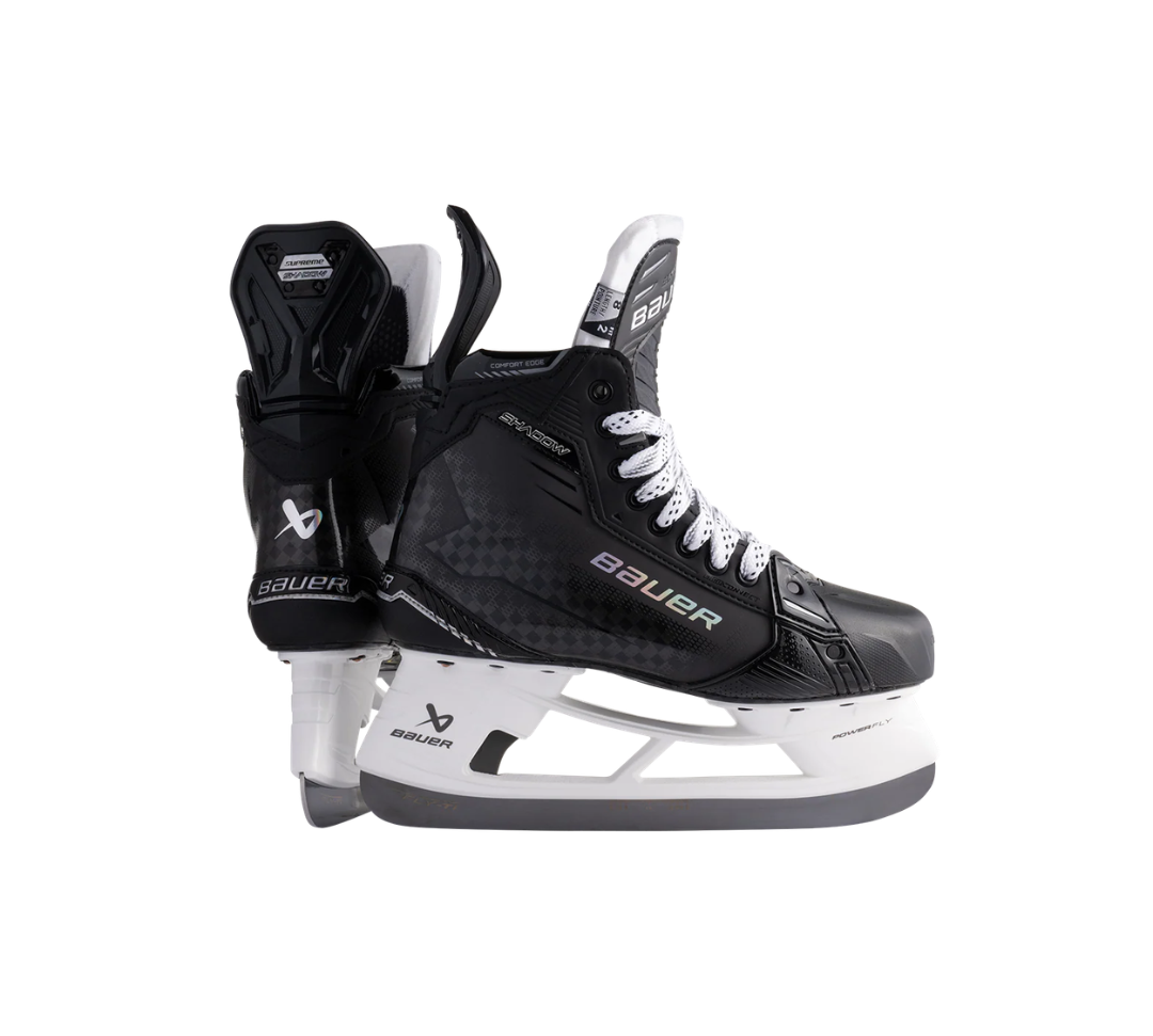 Pair of black Bauer Supreme Shadow hockey skates showing side and back profiles.