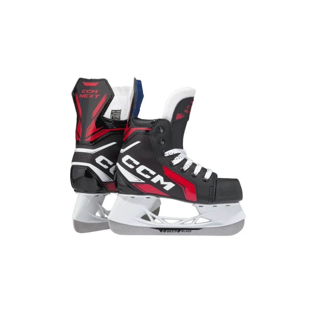 CCM NEXT 2026 hockey youth skates in black, red and white.