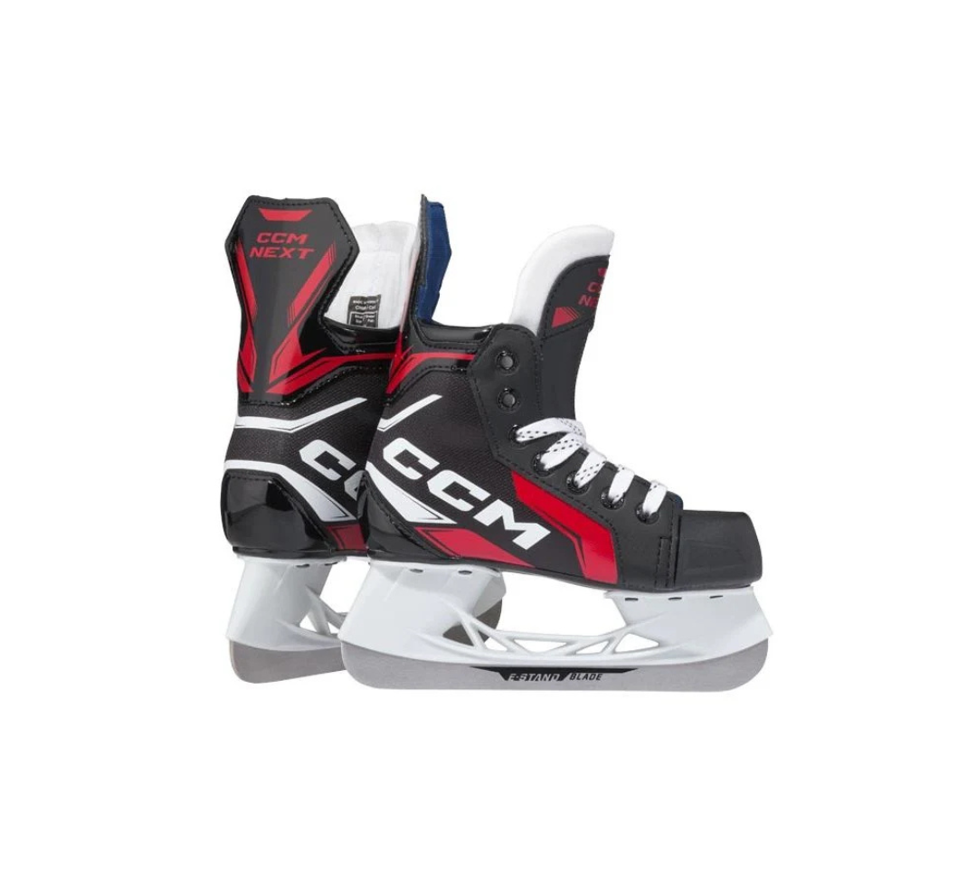 CCM NEXT 2026 hockey youth skates in black, red and white.