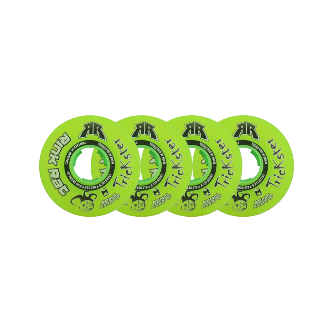 Four "Trickster XXX" green youth roller hockey wheels up to 180 lbs