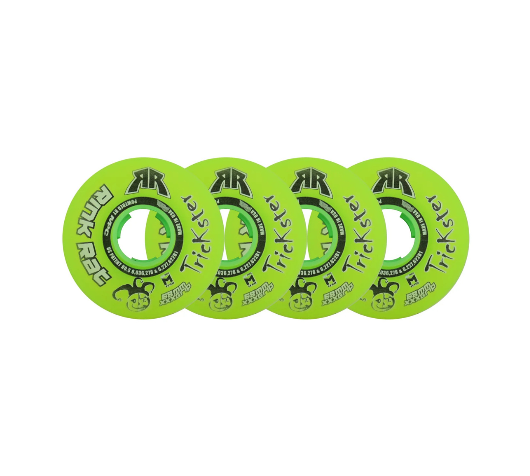 Four "Trickster XXX" green youth roller hockey wheels up to 180 lbs