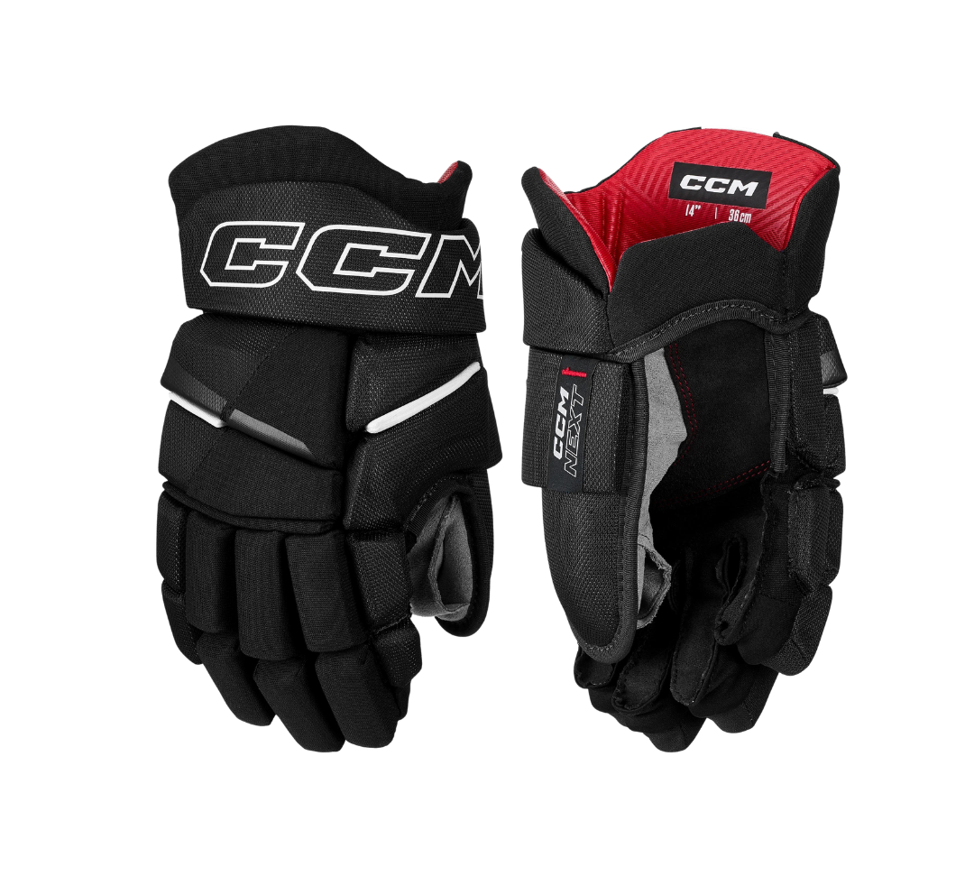 Pair of CCM Next (2026) Hockey Gloves in the color Black with White CCM branding.