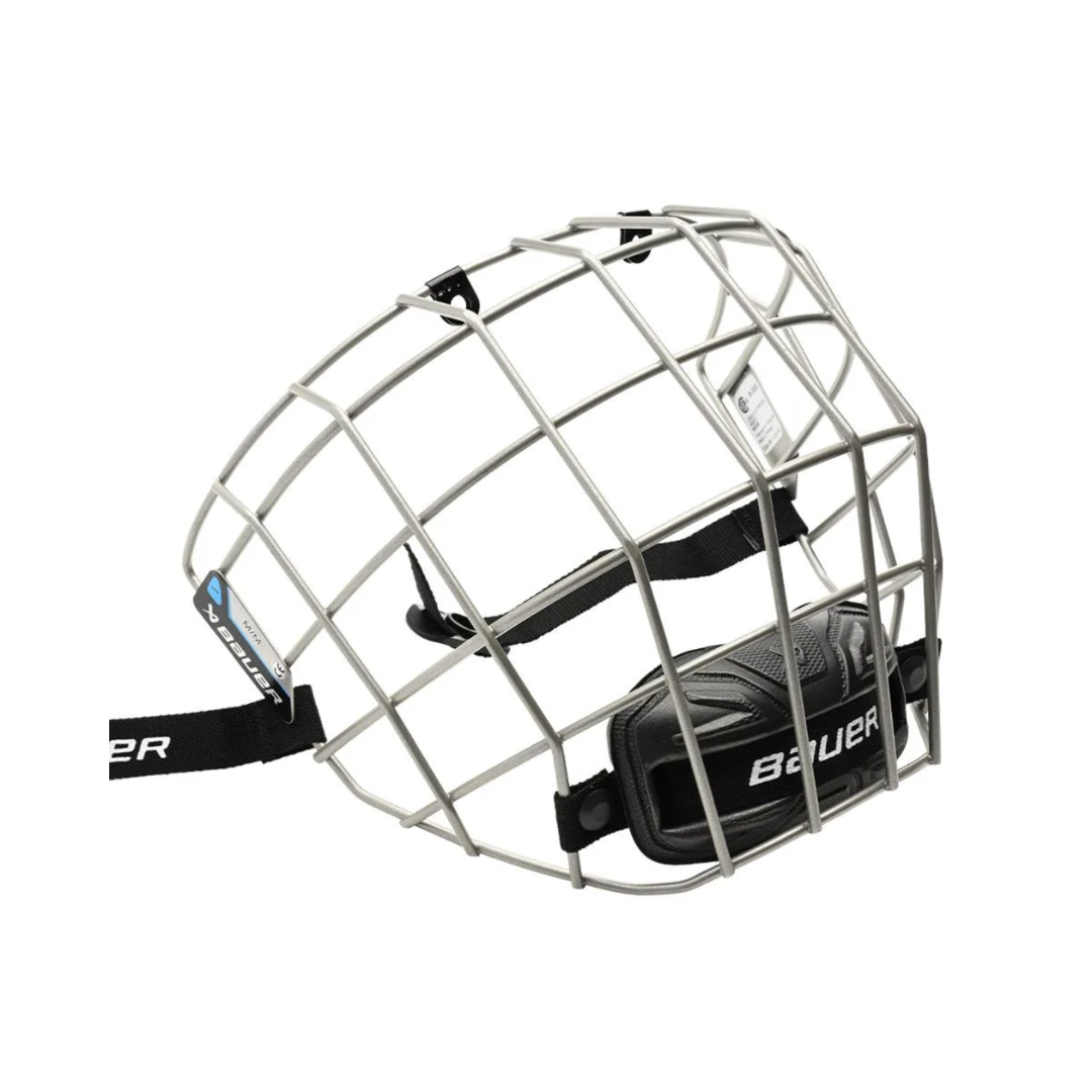 "Bauer I" hockey cage mask made with carbon steel wire in the color silver.