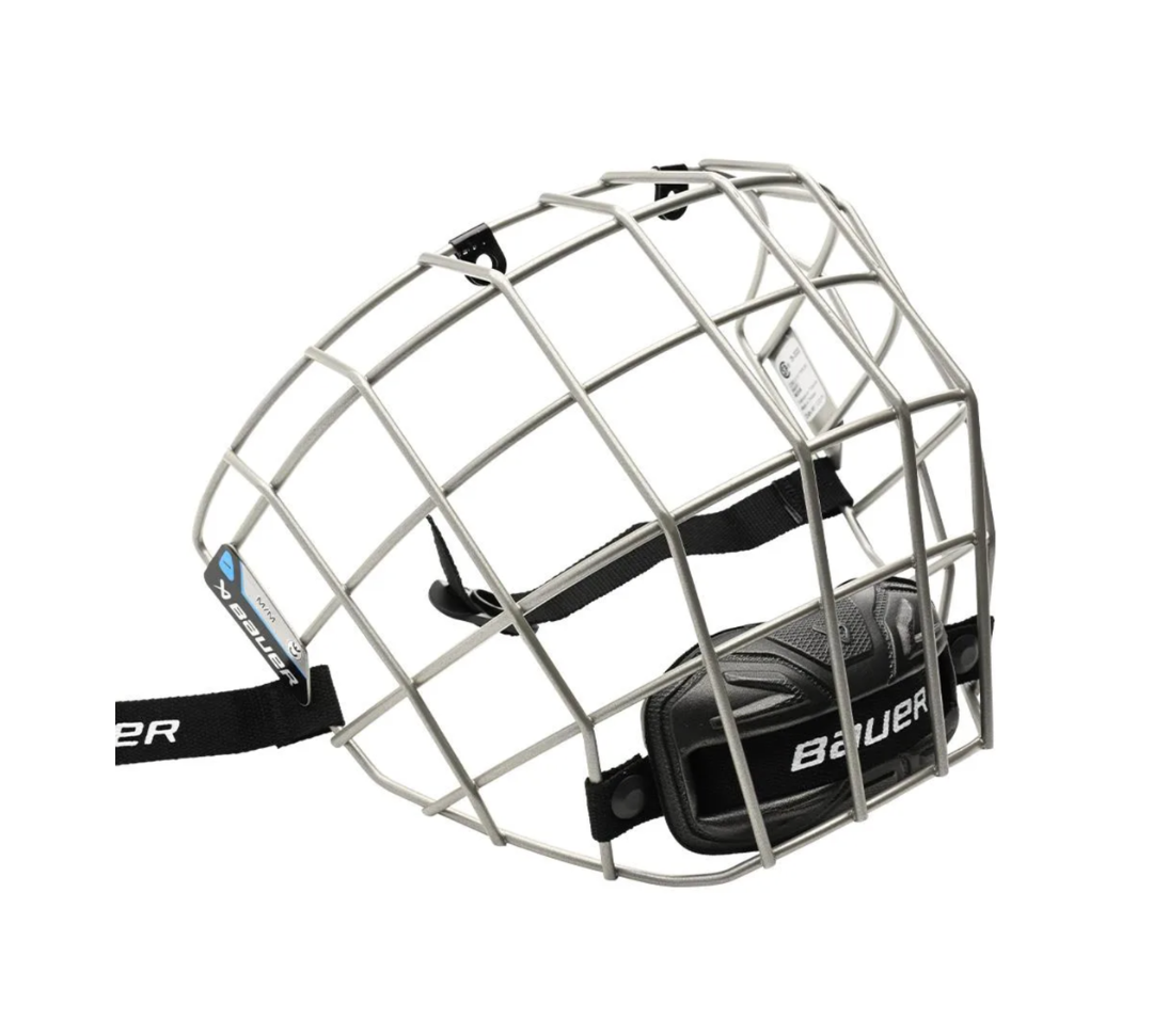 "Bauer I" hockey cage mask made with carbon steel wire in the color silver.