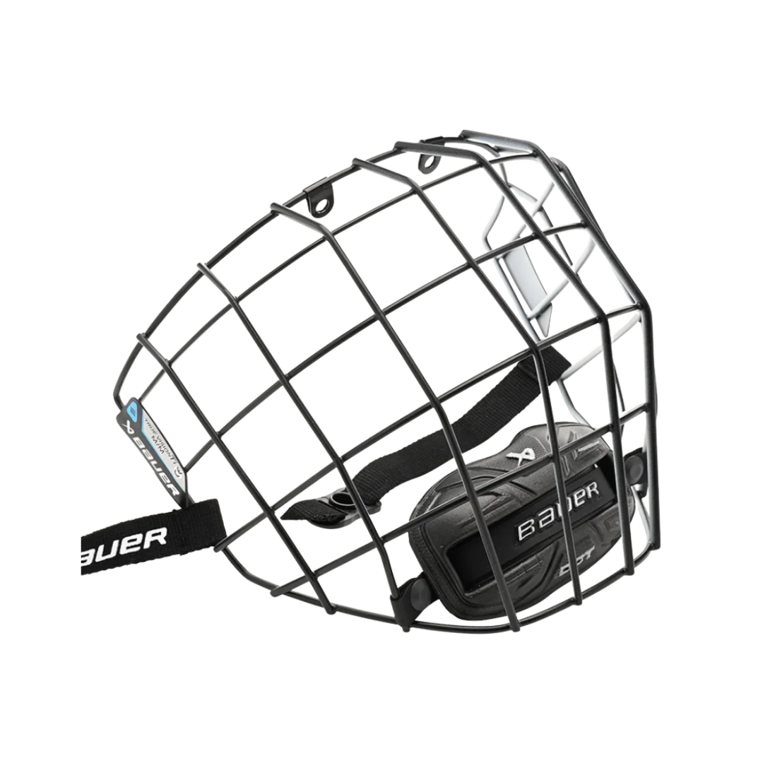 "Bauer III" hockey cage with black exterior and white interior. 