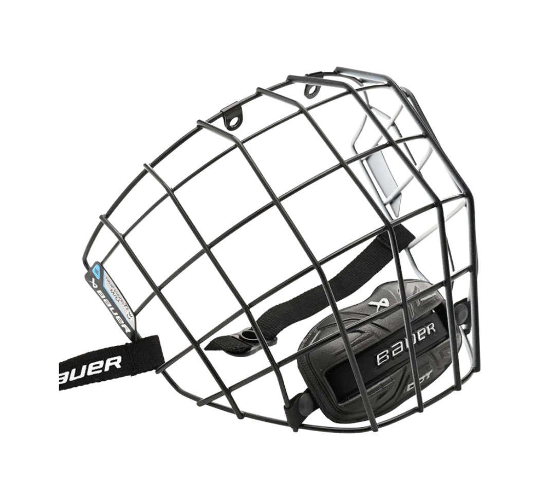 "Bauer III" hockey cage with black exterior and white interior. 