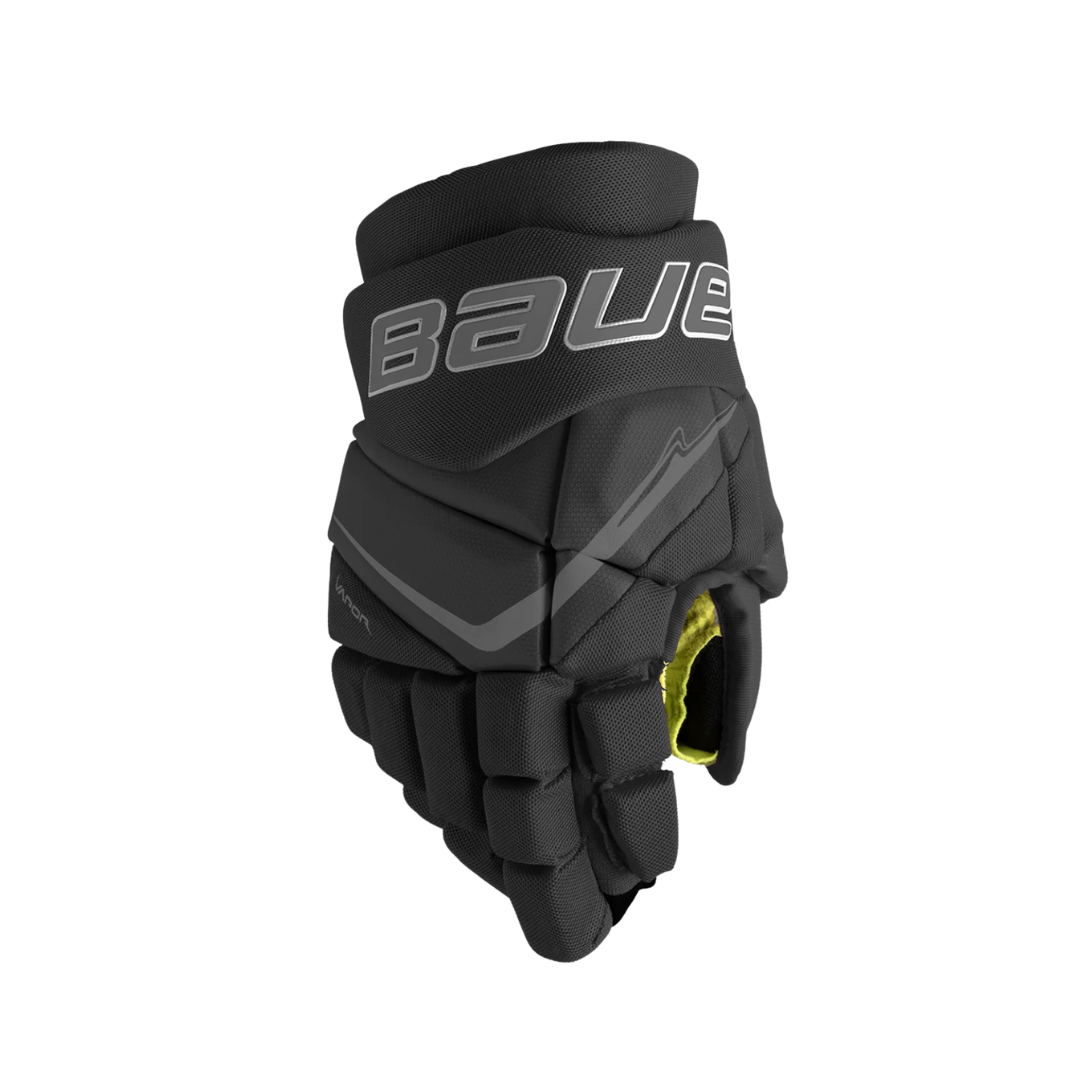 Pair of Bauer Fly40 black on black junior hockey gloves.