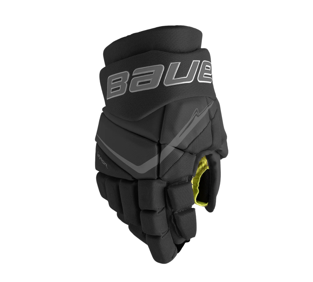 Pair of Bauer Fly40 black on black junior hockey gloves.