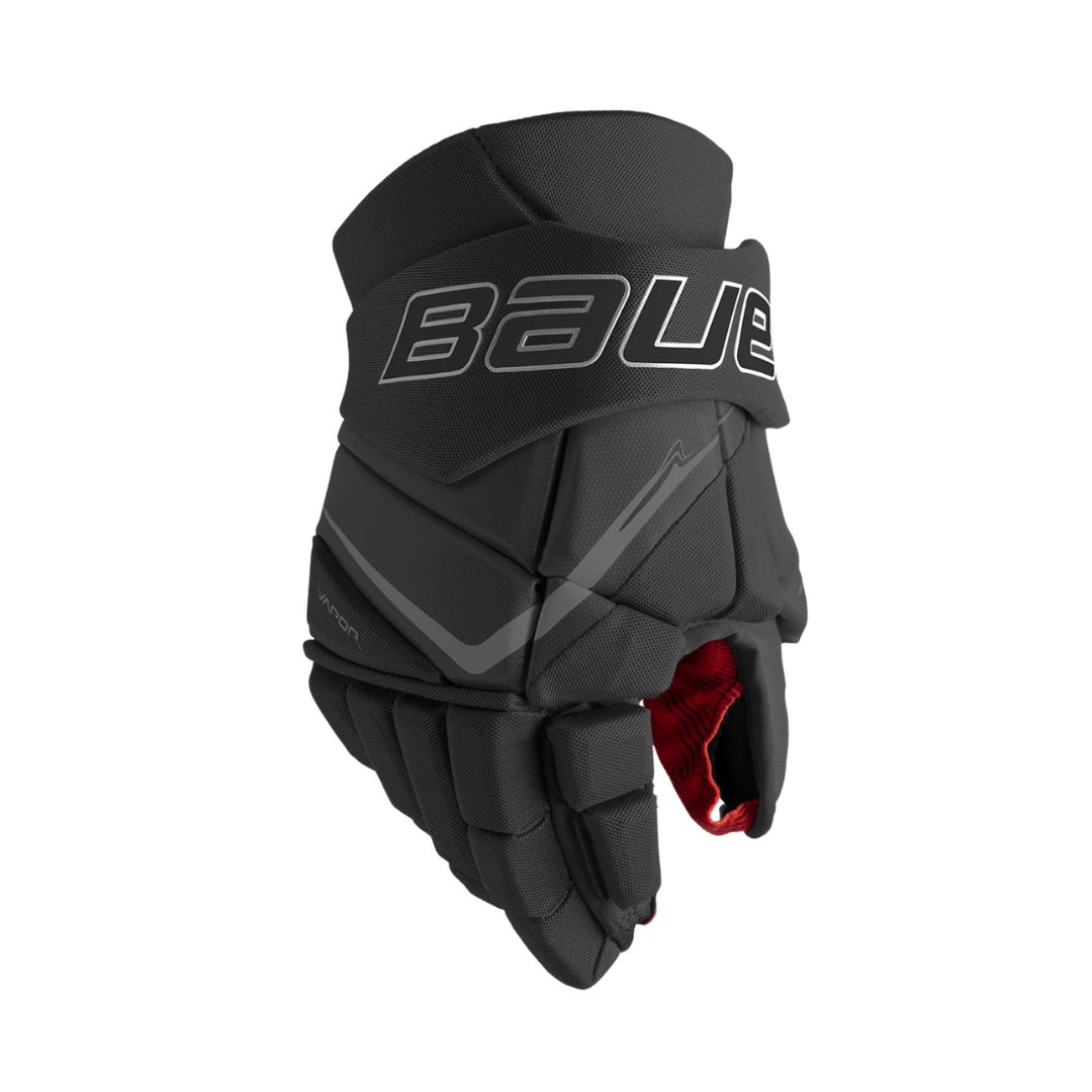 Pair of Bauer Fly40 black on black senior and intermediate hockey gloves.