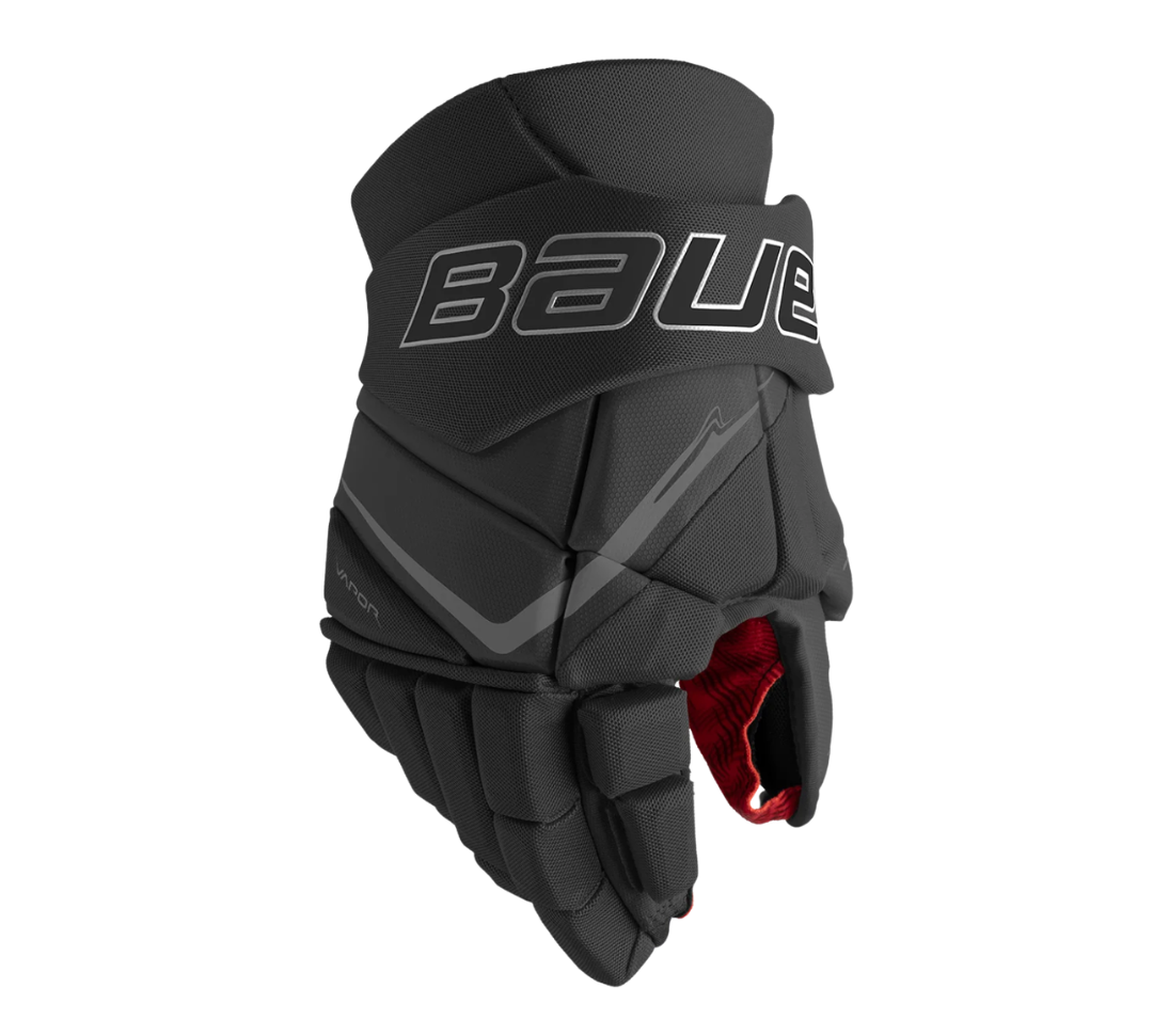 Pair of Bauer Fly40 black on black senior and intermediate hockey gloves.
