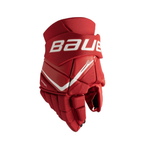 Pair of Bauer Fly40 red and white hockey gloves.