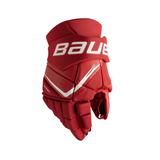 Pair of Bauer Fly40 red and white hockey gloves.