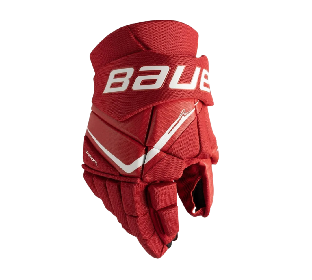 Pair of Bauer Fly40 red and white hockey gloves.