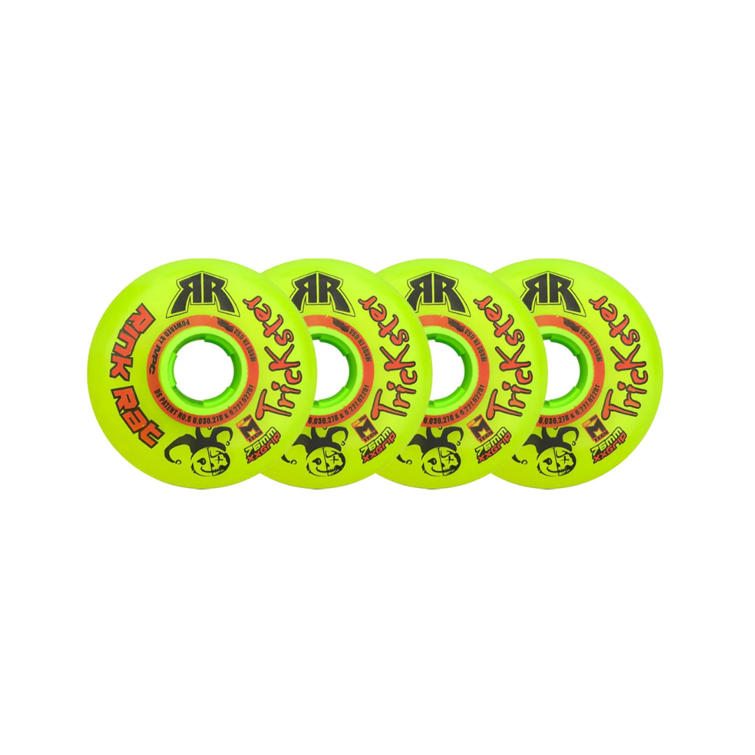 Four "Trickster XX" green and red indoor roller hockey wheels