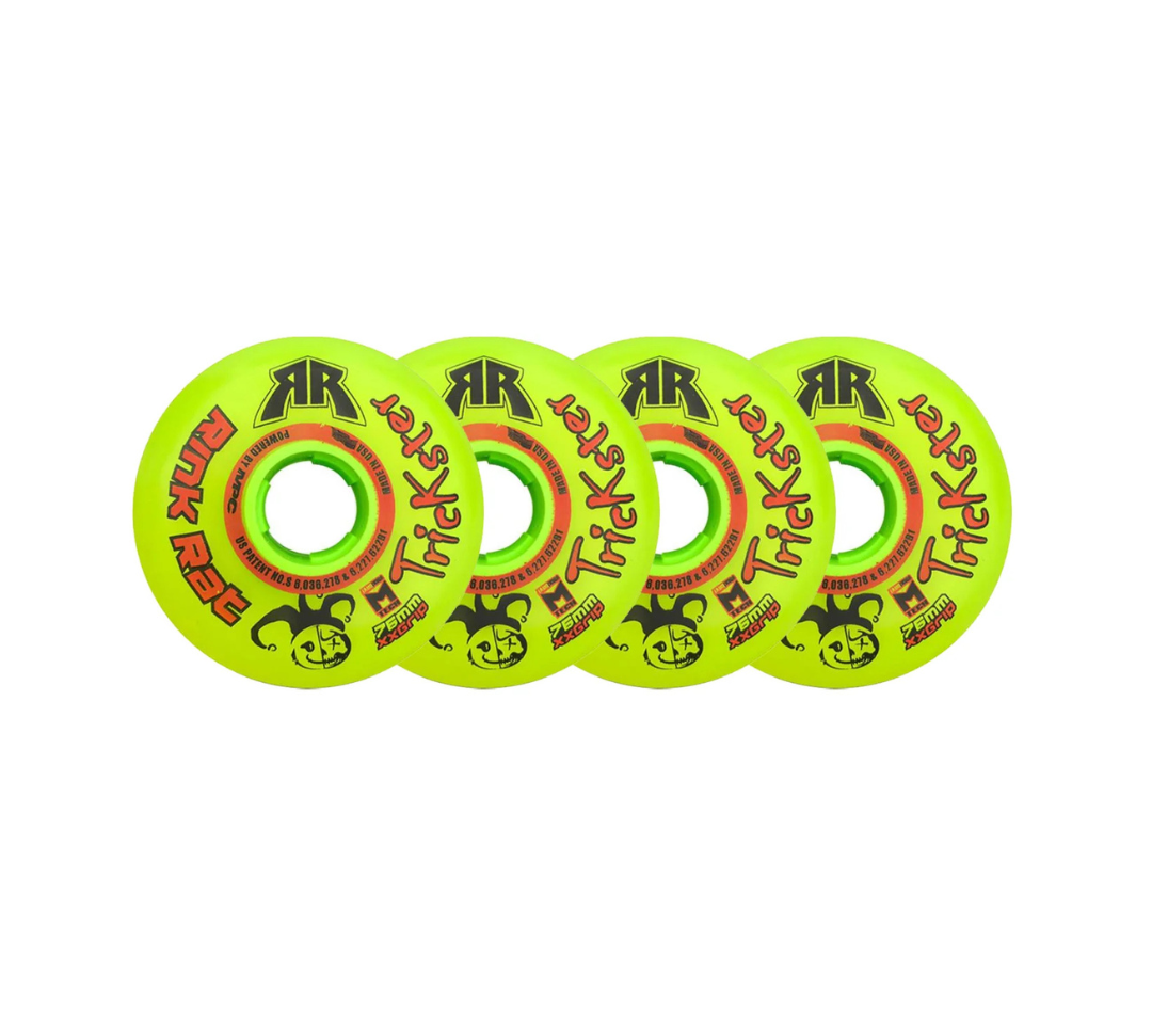 Four "Trickster XX" green and red indoor roller hockey wheels