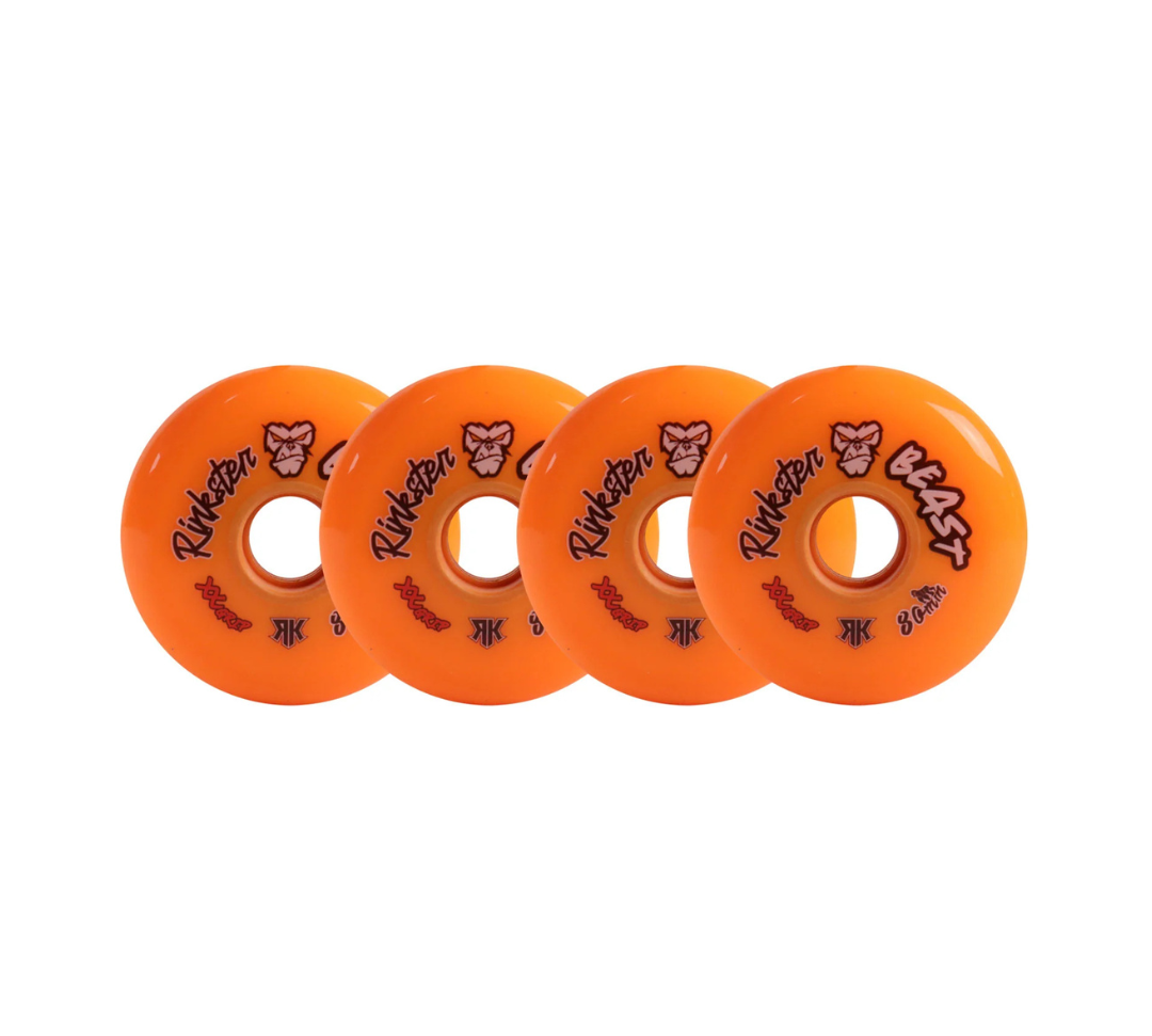 Four "Rinkser Beast" orange roller hockey wheels