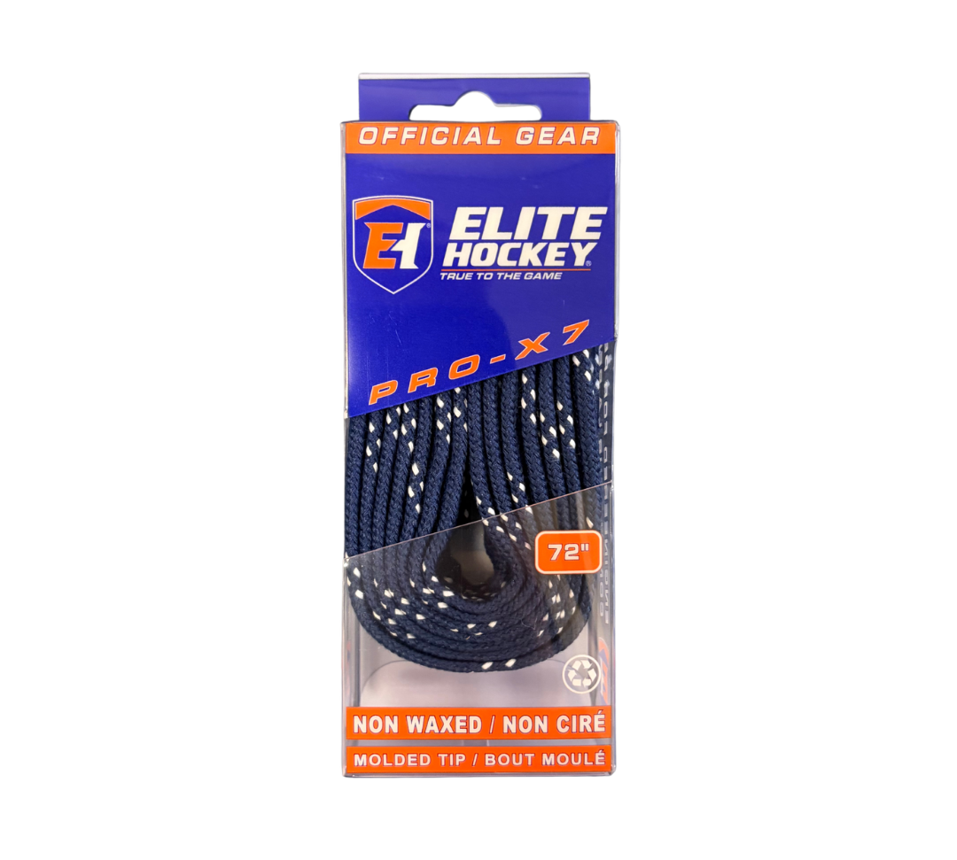 One pair of Elite Hockey Pro-X7 non waxed hockey laces in navy blue.