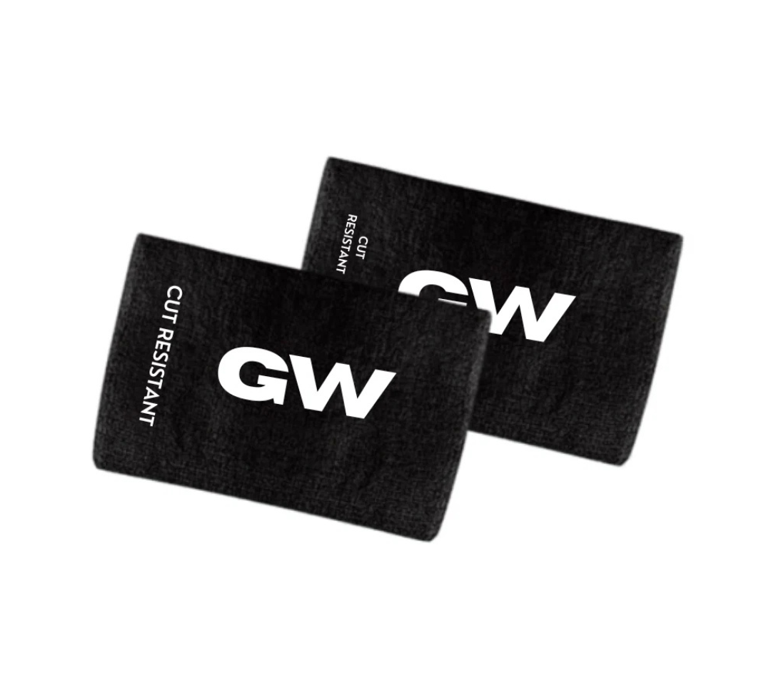 Pair of black GameWear cut resistant wrist guards for hockey players.