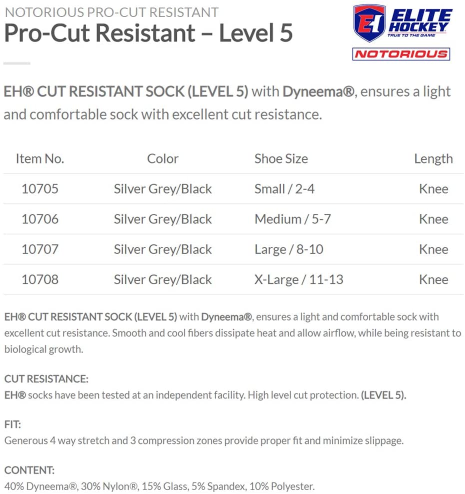 Notorious Pro-Cut Resistant Knee Sock, Level 5 with Dyneema - Primo Hockey 